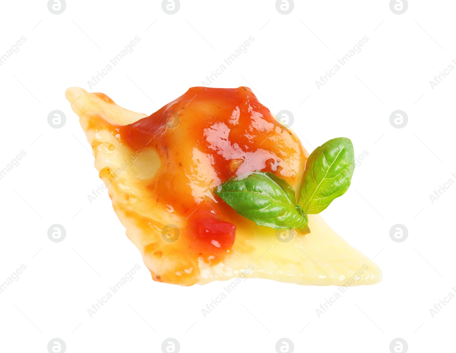 Photo of Tasty ravioli with tomato sauce isolated on white