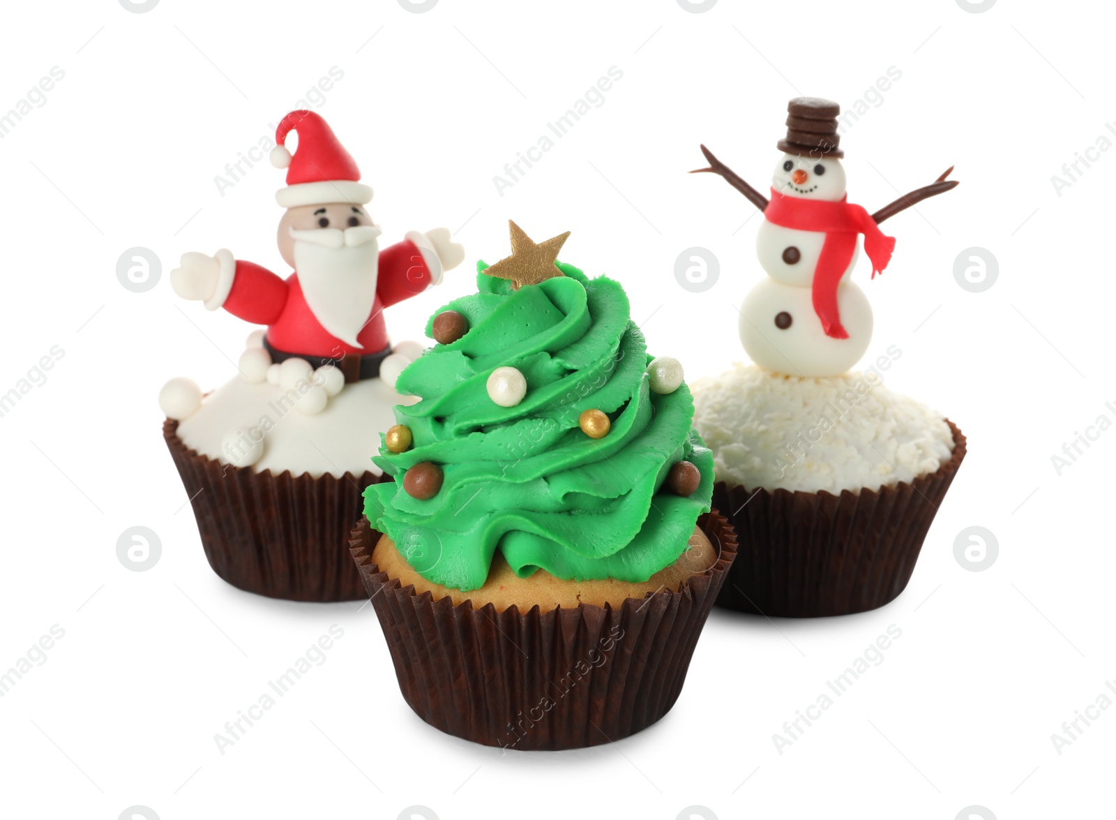 Photo of Different beautiful Christmas cupcakes on white background