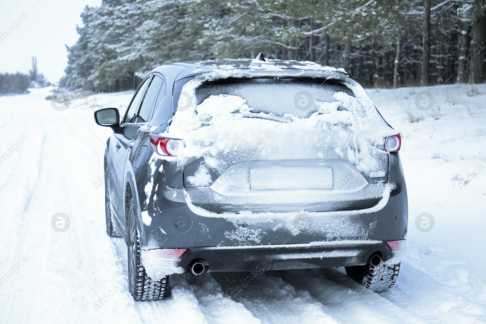 Photo of Snowy country road with car on winter day