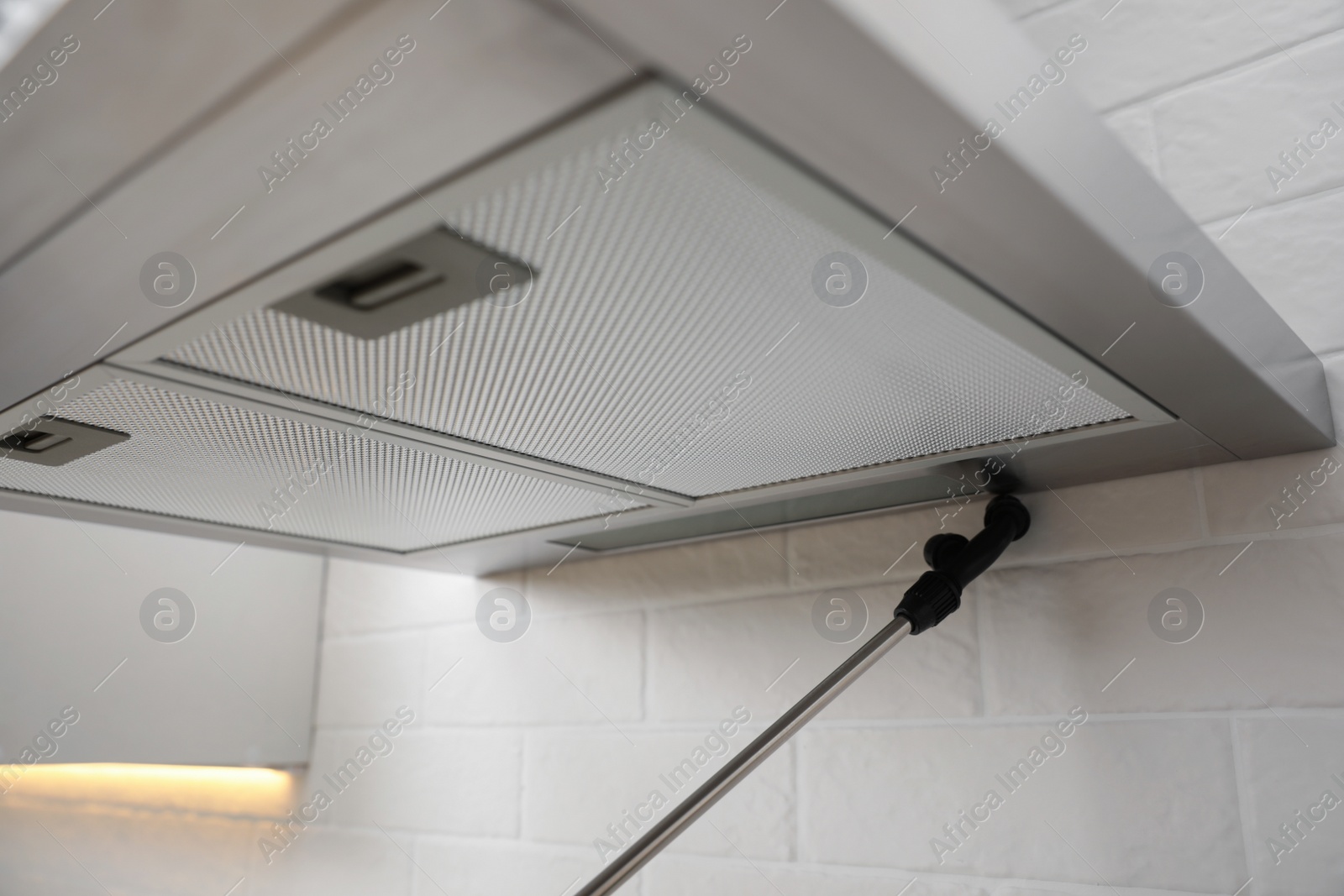 Photo of Spraying pesticide on range hood in kitchen. Pest control service