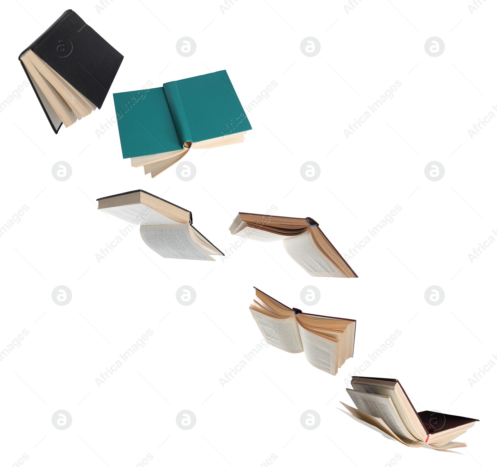 Image of Many hardcover books flying on white background