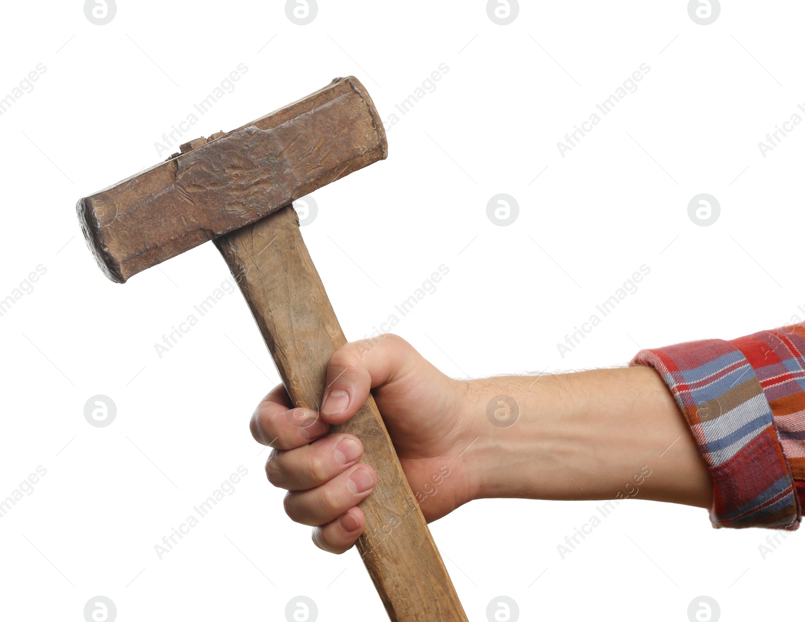 Photo of Man with sledgehammer on white background, closeup