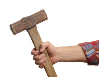 Man with sledgehammer on white background, closeup