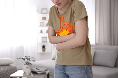 Image of Woman suffering from heartburn at home, closeup. Stomach with lava symbolizing acid indigestion, illustration