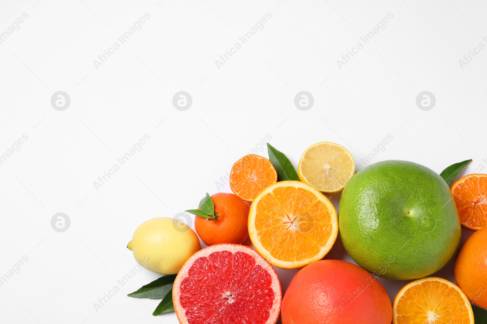 Photo of Different citrus fruits with fresh leaves on white background, top view. Space for text