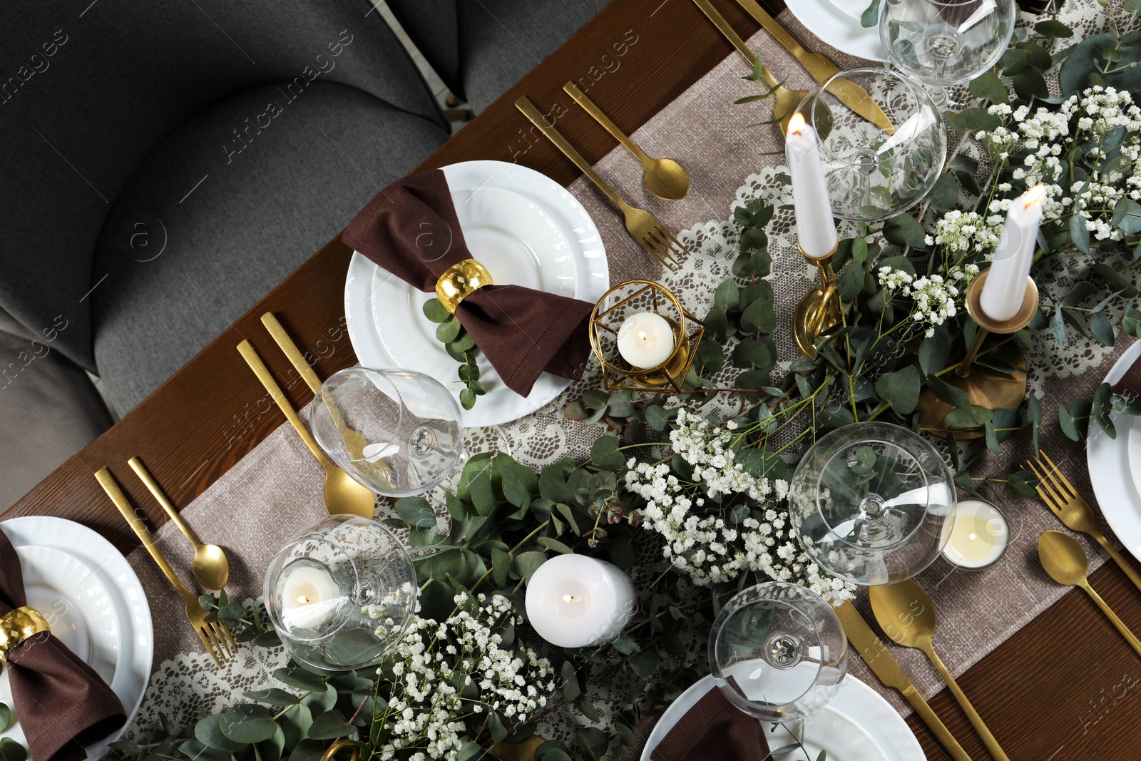 Photo of Stylish elegant table setting for festive dinner, flat lay