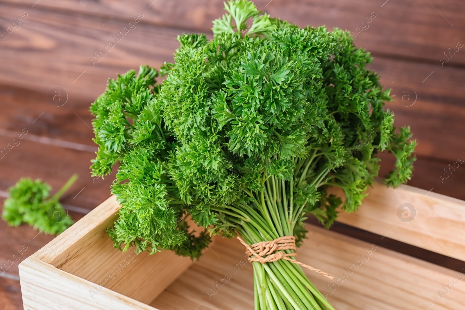 Photo of Wooden crate with fresh green parsley on table, closeup