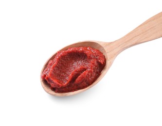 Photo of Wooden spoon of tasty tomato paste isolated on white