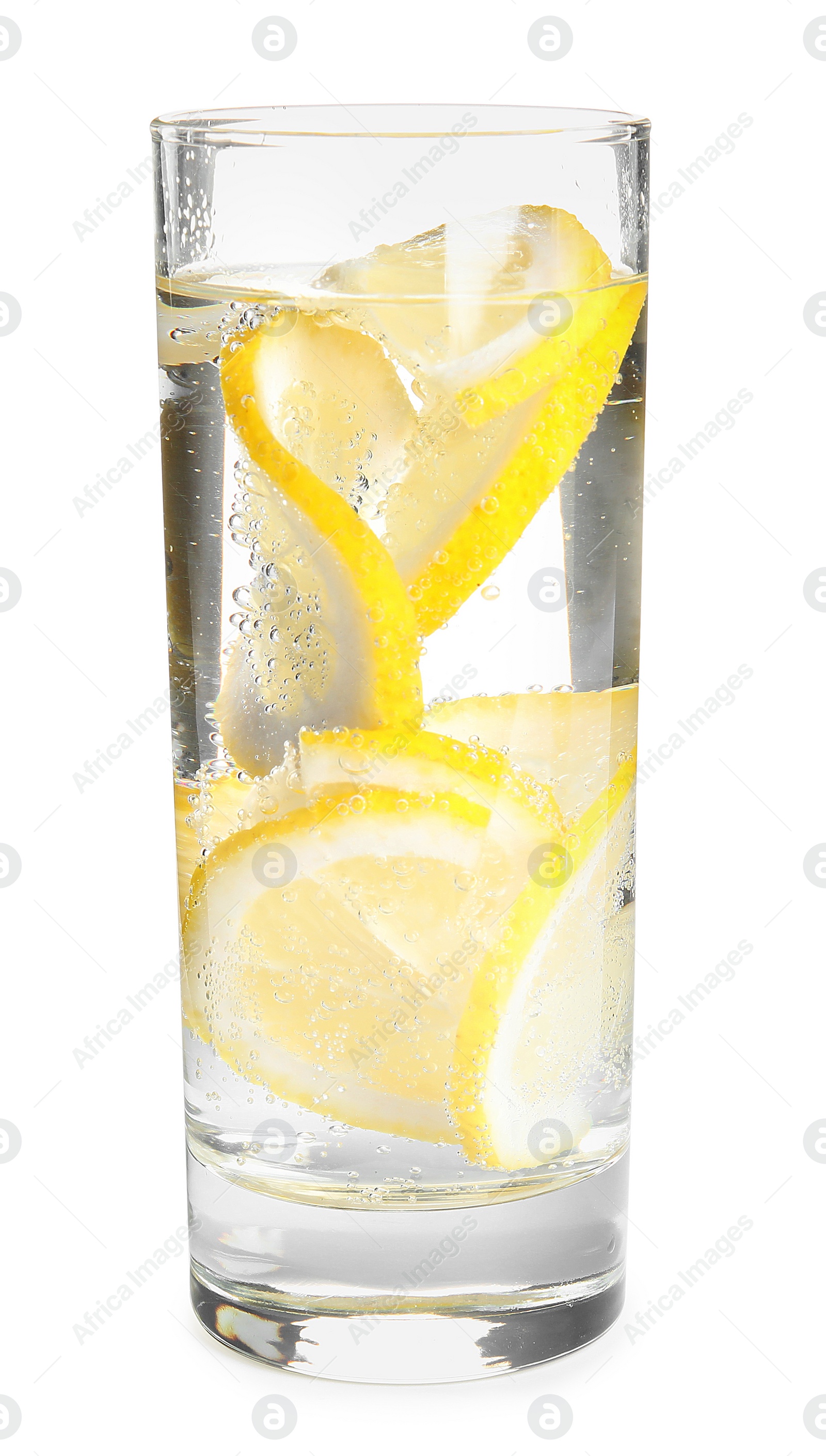 Photo of Soda water with lemon slices isolated on white