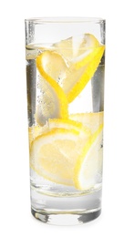 Soda water with lemon slices isolated on white