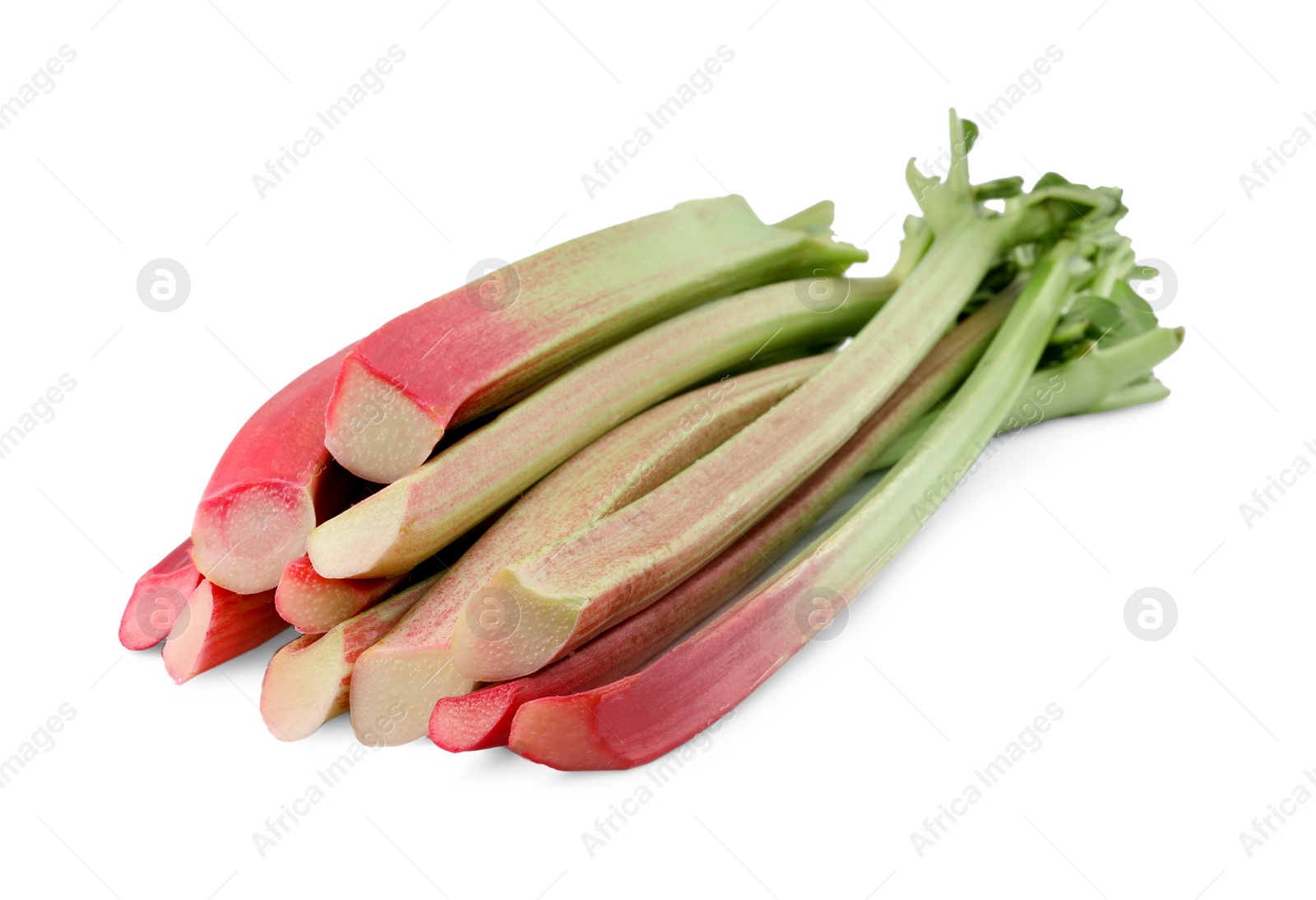 Photo of Stalks of fresh ripe rhubarb isolated on white