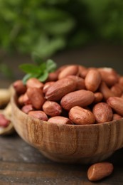 Photo of Fresh unpeeled peanuts in bowl on wooden table against blurred green background, closeup