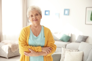 Portrait of elderly woman in living room