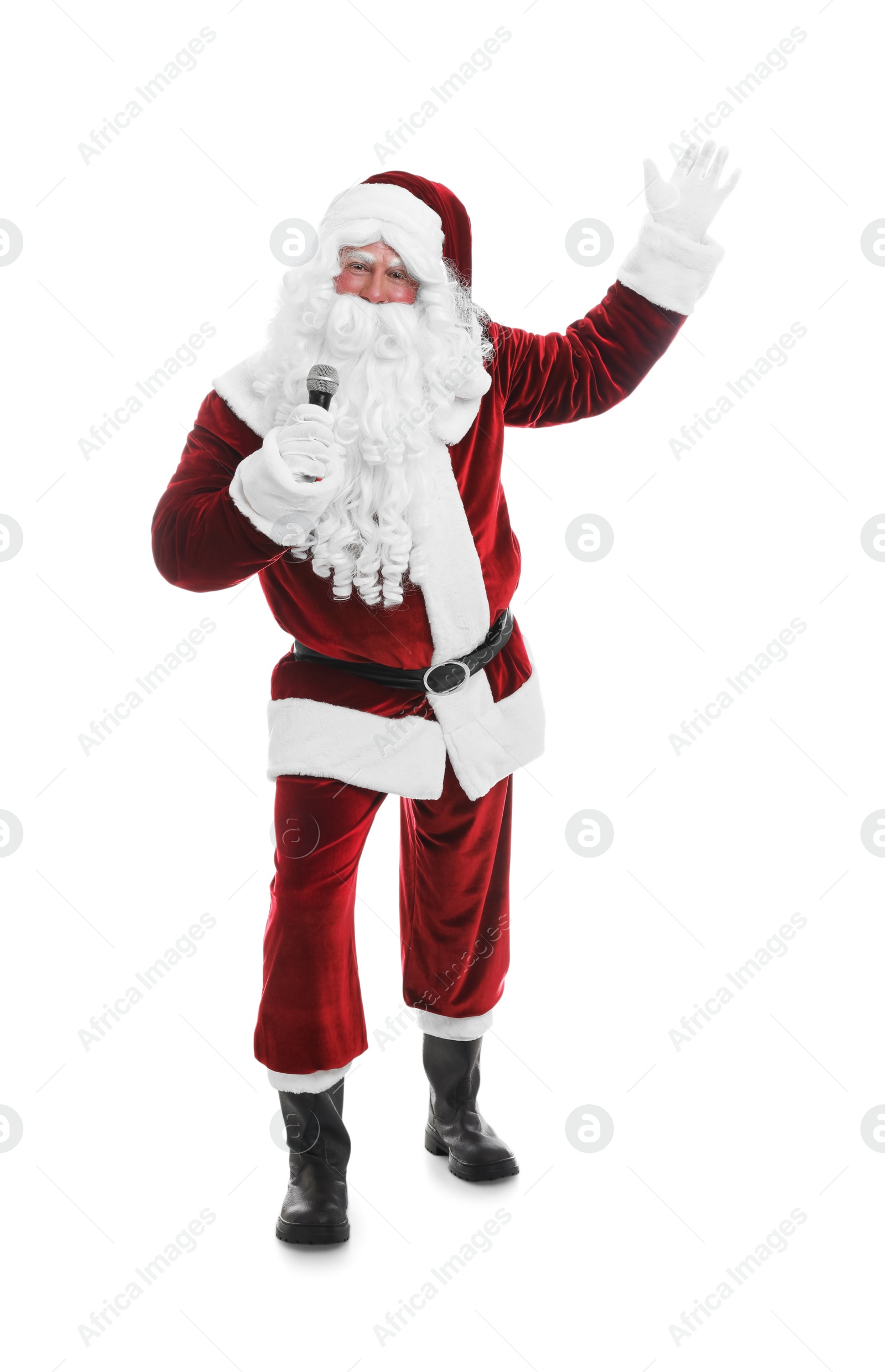 Photo of Santa Claus singing with microphone on white background. Christmas music