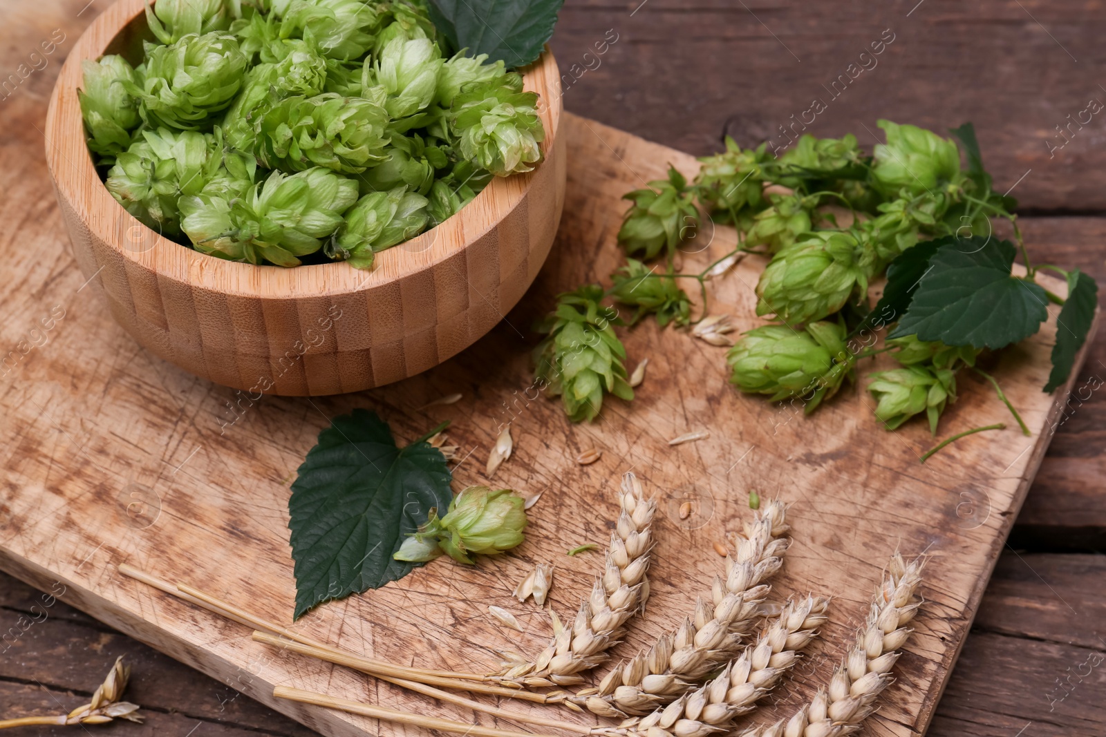 Photo of Fresh green hops and ears of wheat on wooden table