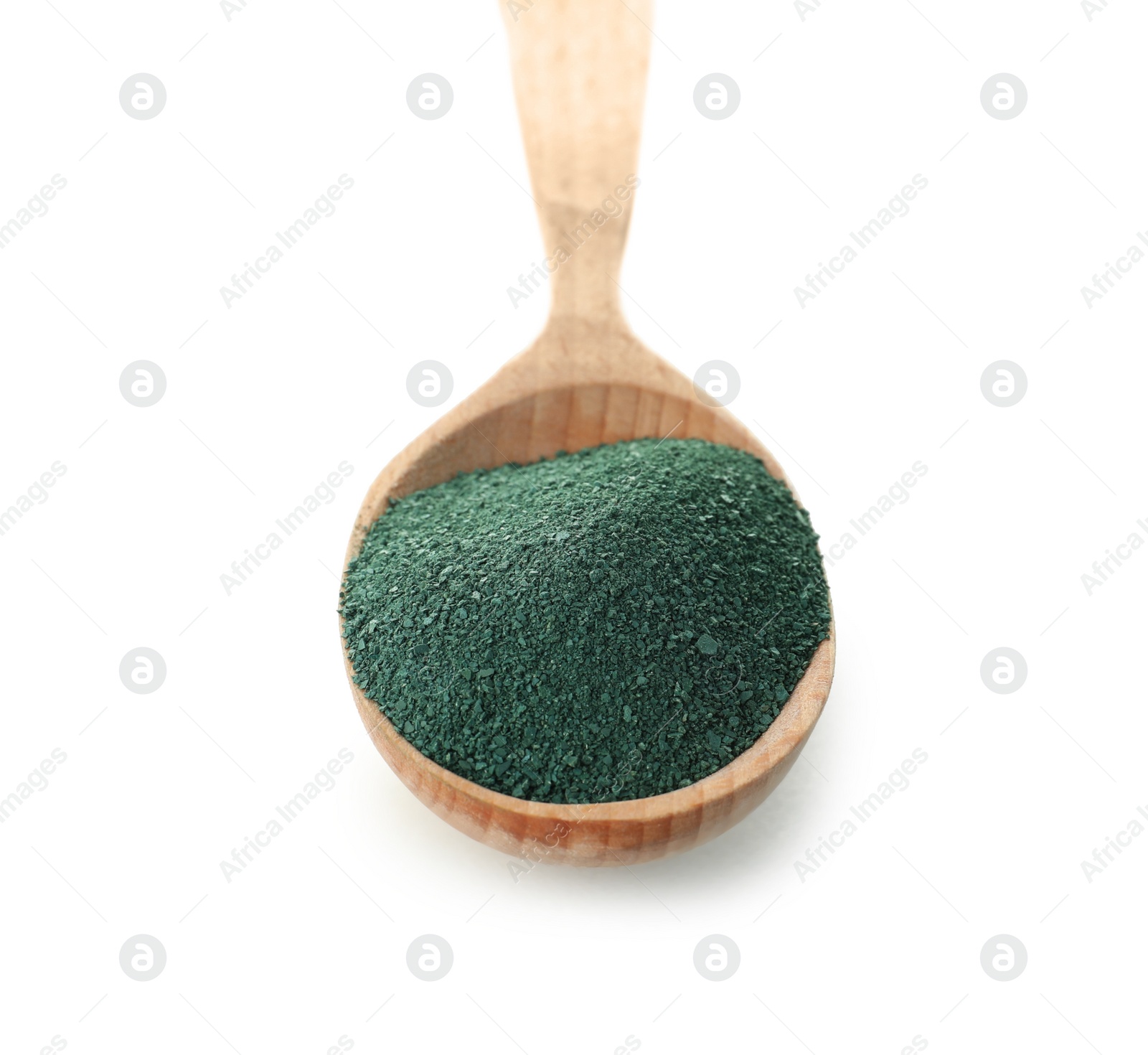 Photo of Spoon of spirulina algae powder on white background