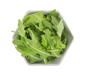 Photo of Delicious fresh arugula in bowl isolated on white, top view