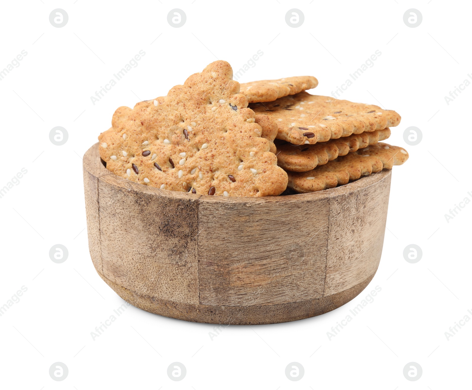 Photo of Cereal crackers with flax and sesame seeds in bowl isolated on white