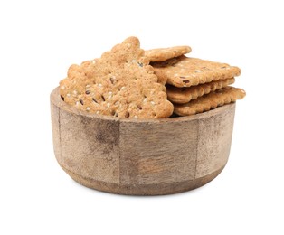 Photo of Cereal crackers with flax and sesame seeds in bowl isolated on white