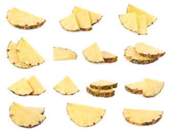 Image of Set with slices of juicy pineapple on white background