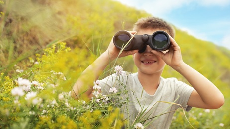 Little boy with binoculars in field on sunny day