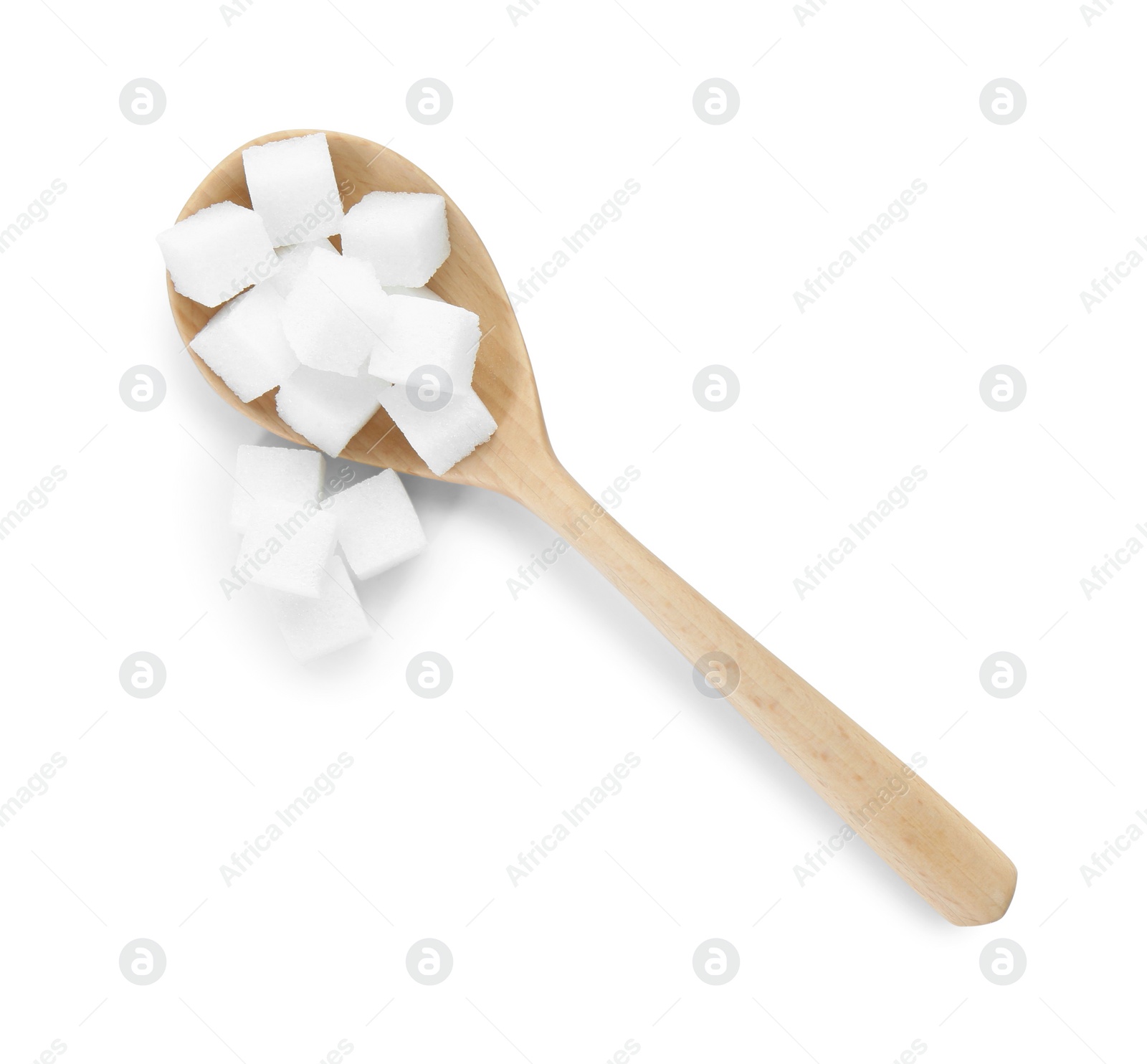 Photo of Many sugar cubes and wooden spoon isolated on white, top view