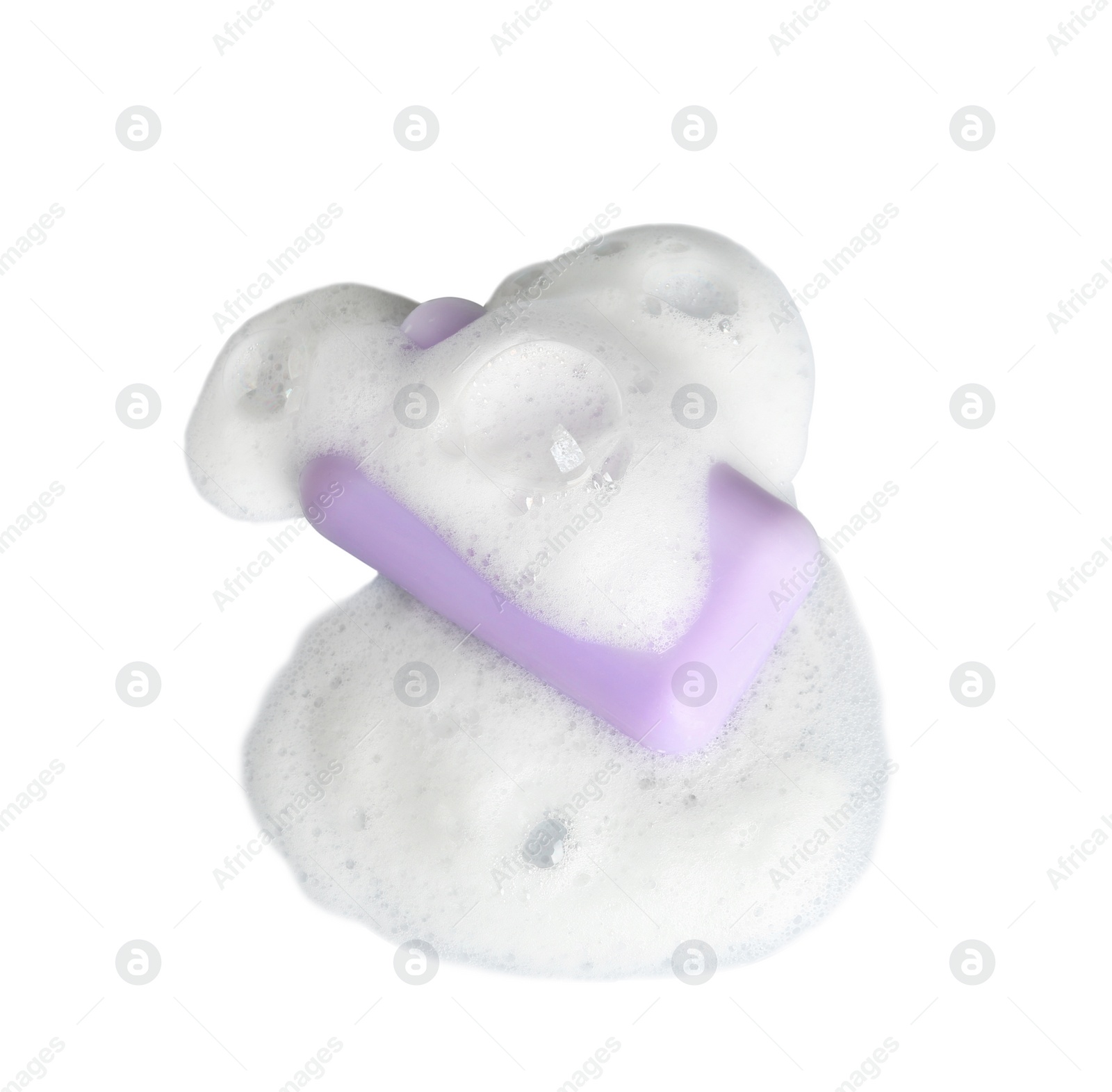 Photo of Soap bar and foam on white background