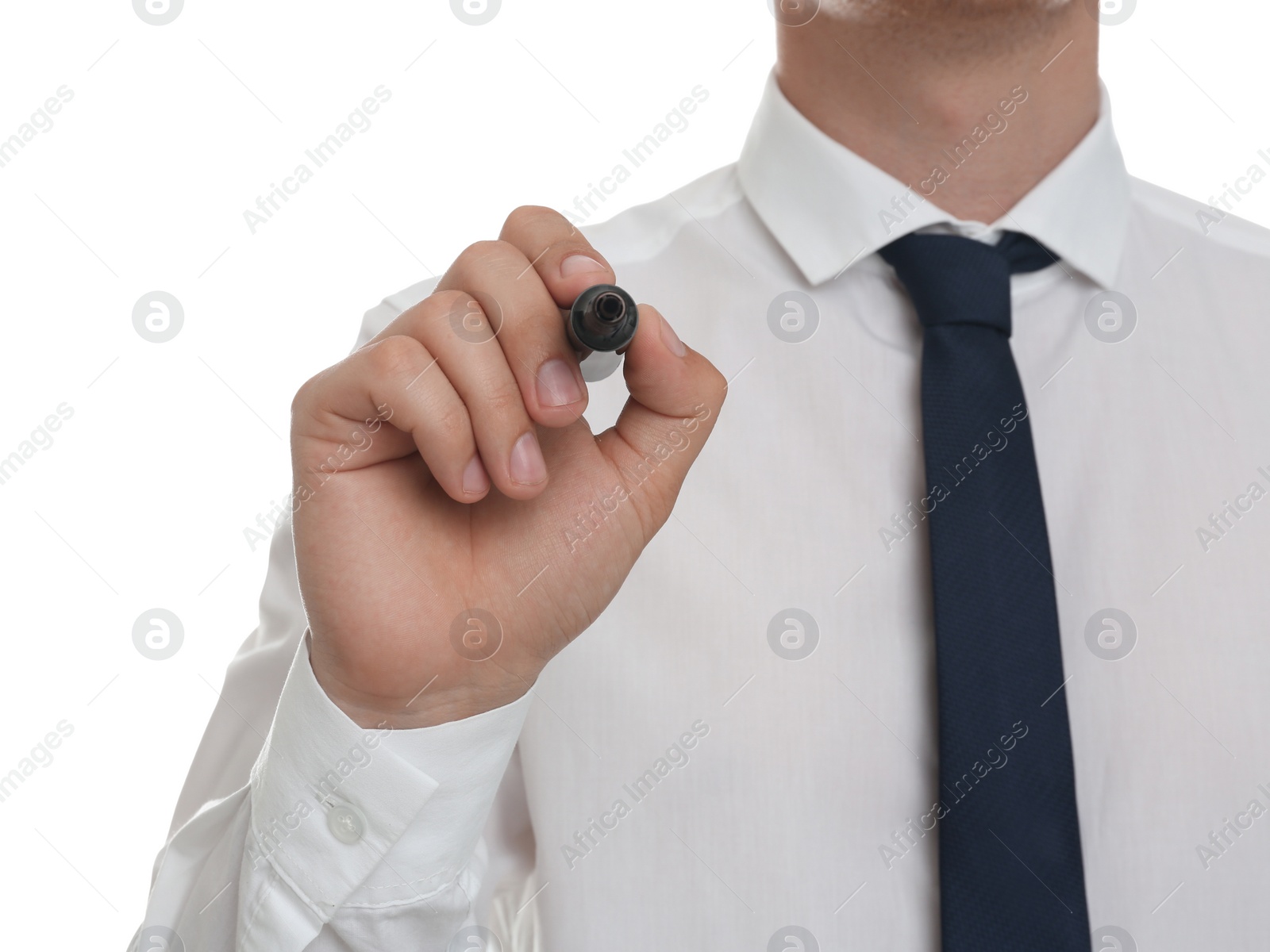 Photo of Businessman with marker against white background, focus on hand