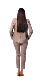 Photo of Businesswoman in stylish suit posing on white background