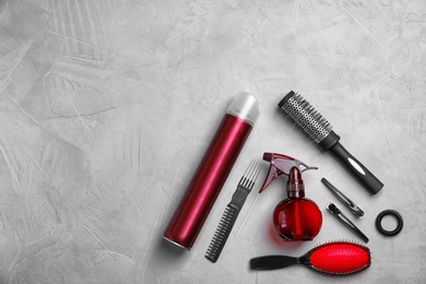 Professional hairdresser set on grey background