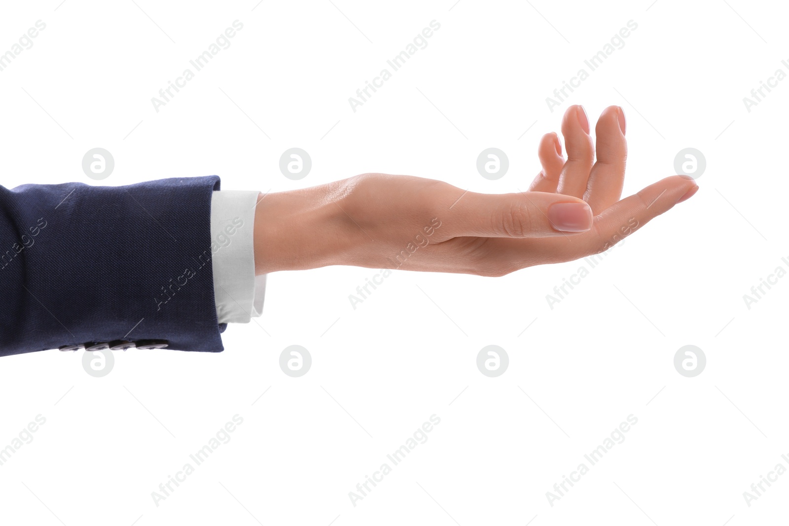 Photo of Woman showing hand on white background, closeup