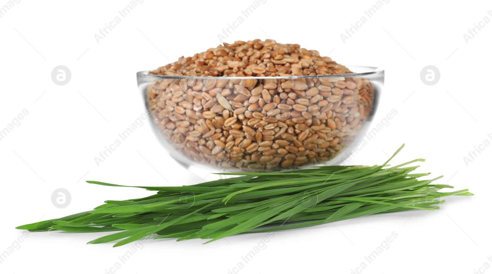 Photo of Bowl with seeds and wheat grass on white background