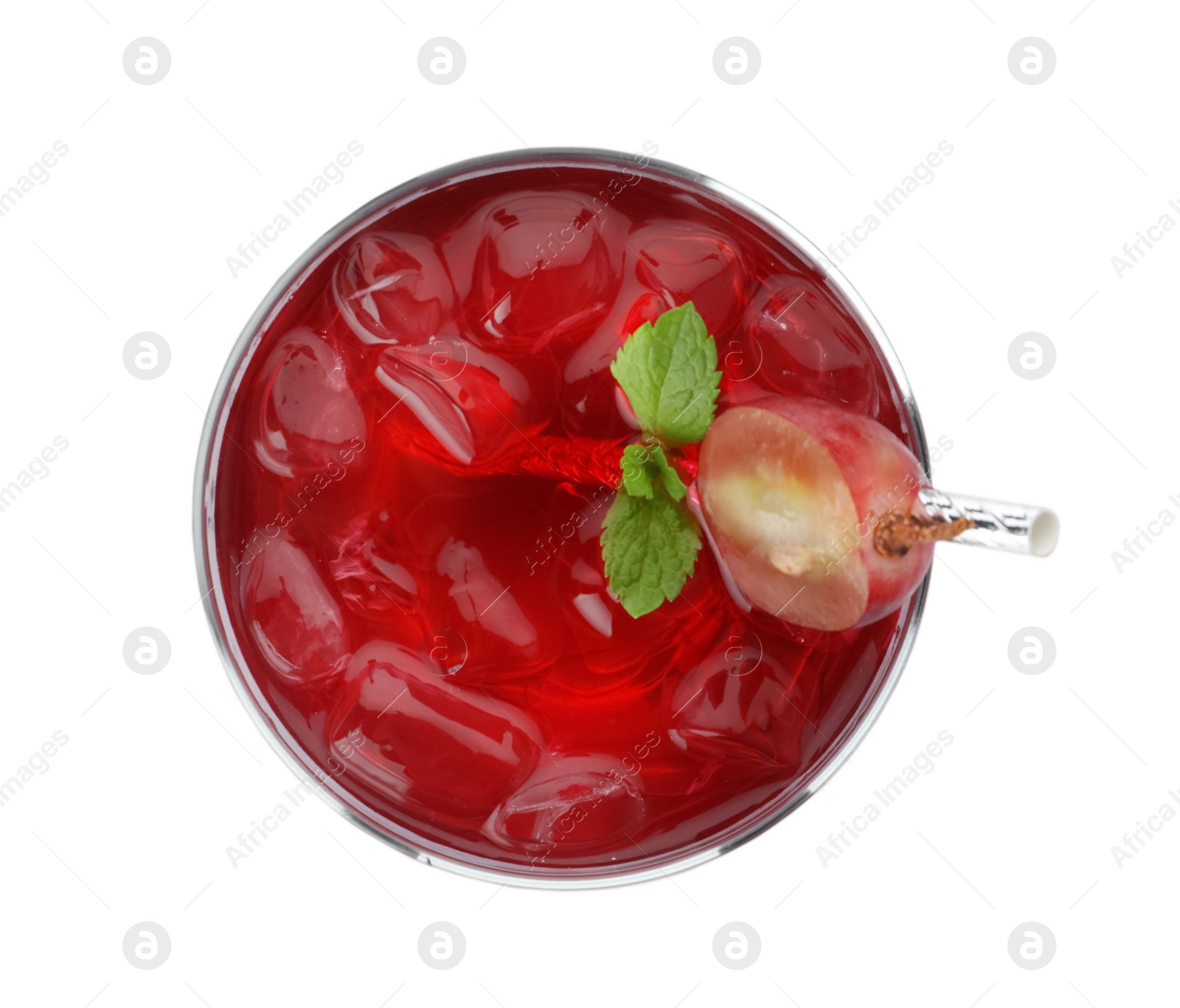 Photo of Delicious grape soda water isolated on white, top view. Refreshing drink