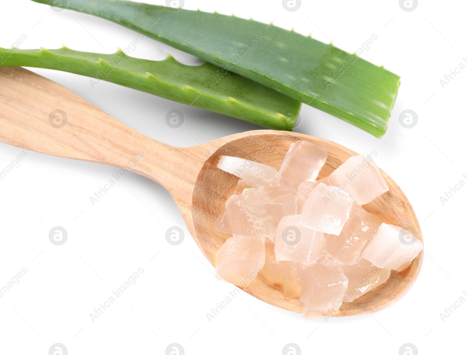 Photo of Aloe vera gel in spoon and slices of plant isolated on white, top view