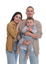 Photo of Portraithappy family with little child on white background