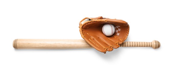 Wooden baseball bat, ball and glove isolated on white, top view