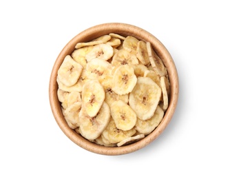Photo of Wooden bowl with sweet banana slices on white background, top view. Dried fruit as healthy snack