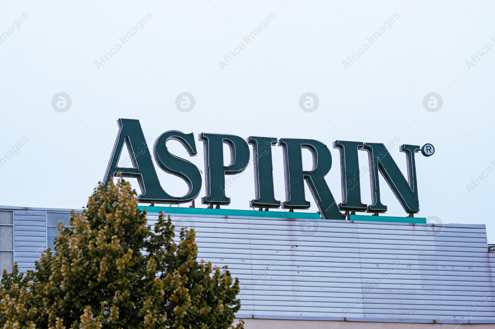 Photo of Warsaw, Poland - September 10, 2022: Beautiful modern Aspirin logo on building