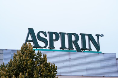 Warsaw, Poland - September 10, 2022: Beautiful modern Aspirin logo on building