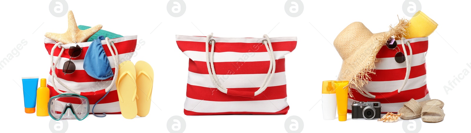 Image of Set with stylish bags and beach accessories on white background. Banner design