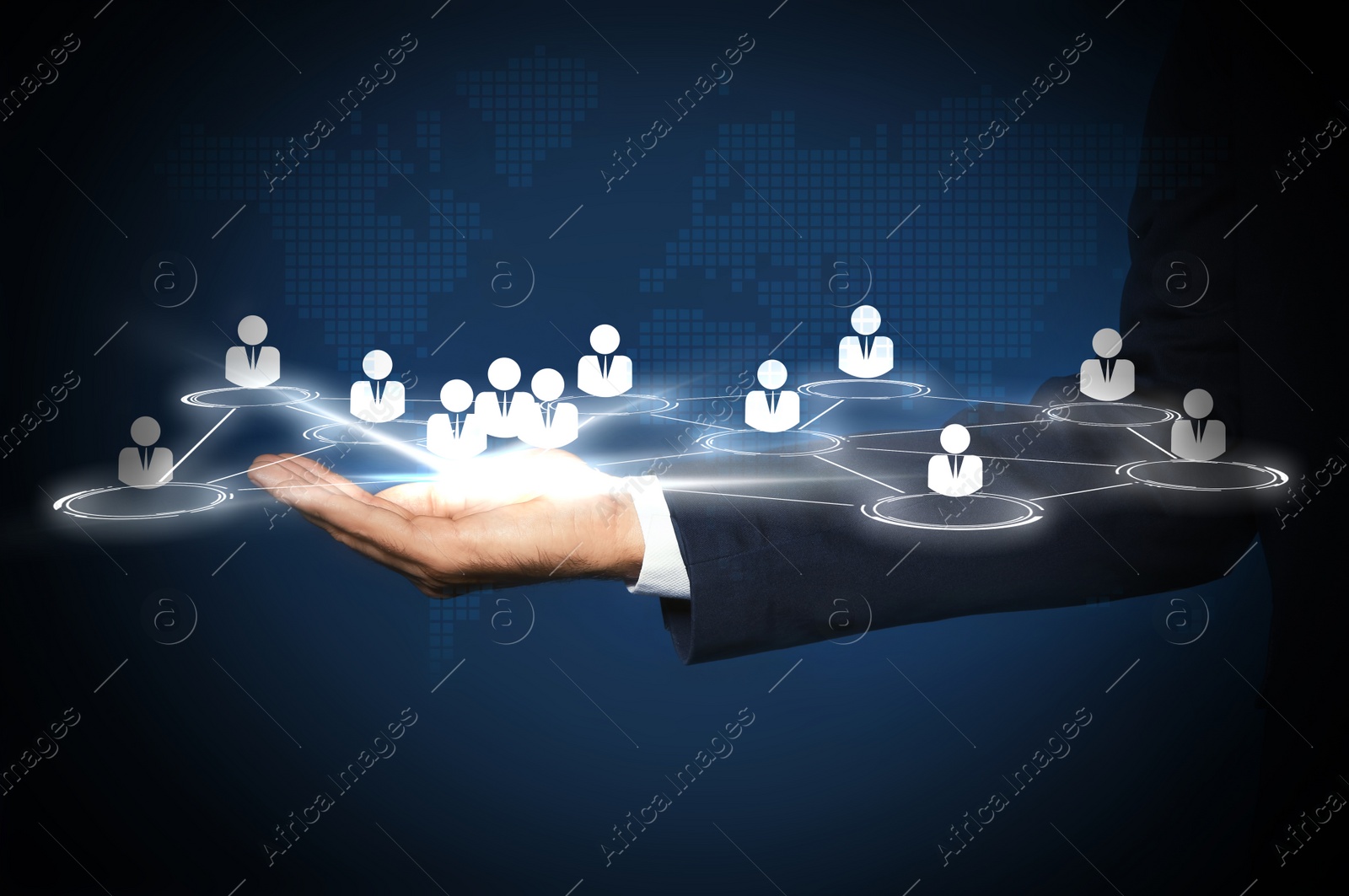 Image of Man demonstrating virtual structure of organization, closeup. Business corporation