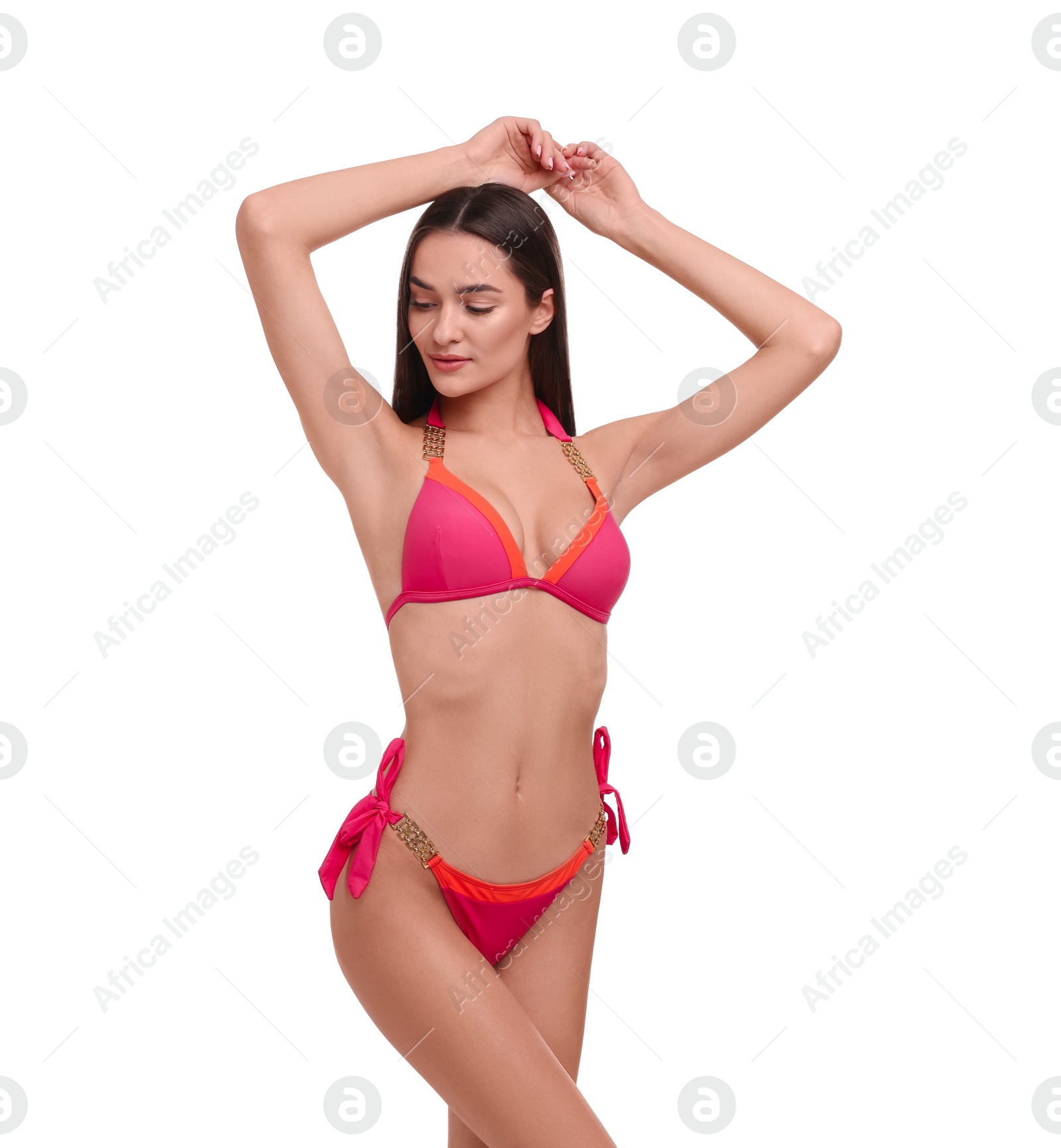 Photo of Young woman in stylish bikini isolated on white