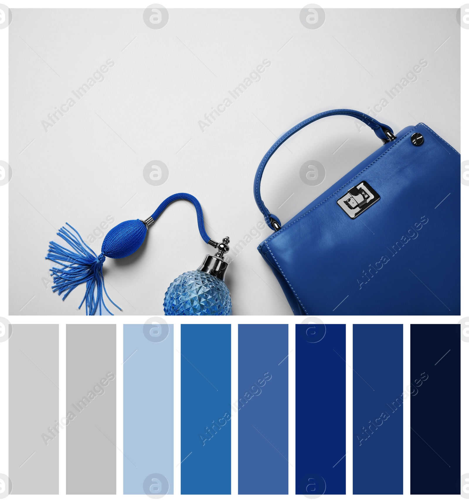 Image of Stylish purse and perfume bottle on light background, flat lay. Color of the year 2020 (Classic blue)