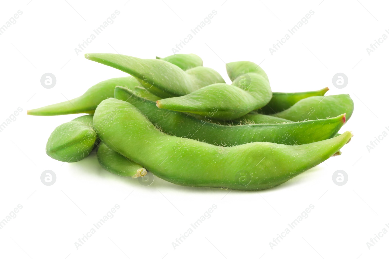 Photo of Raw green edamame pods on white background