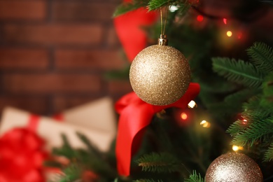 Photo of Christmas tree with stylish decor indoors, closeup