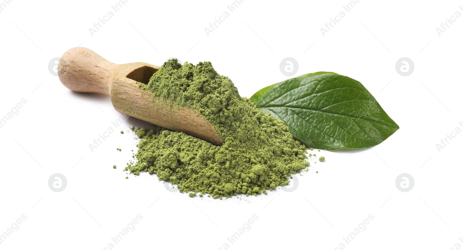 Photo of Pile of green matcha powder, scoop and leaf isolated on white