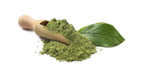 Pile of green matcha powder, scoop and leaf isolated on white