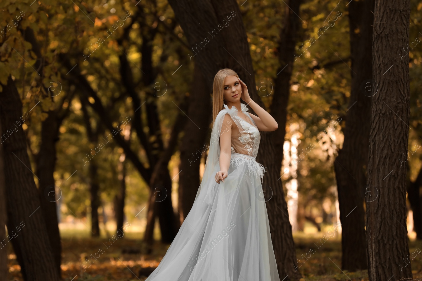 Photo of Beautiful girl wearing fairy dress in autumn forest