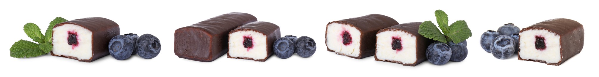 Image of Collage of glazed curd cheese bars with blueberry filling on white background