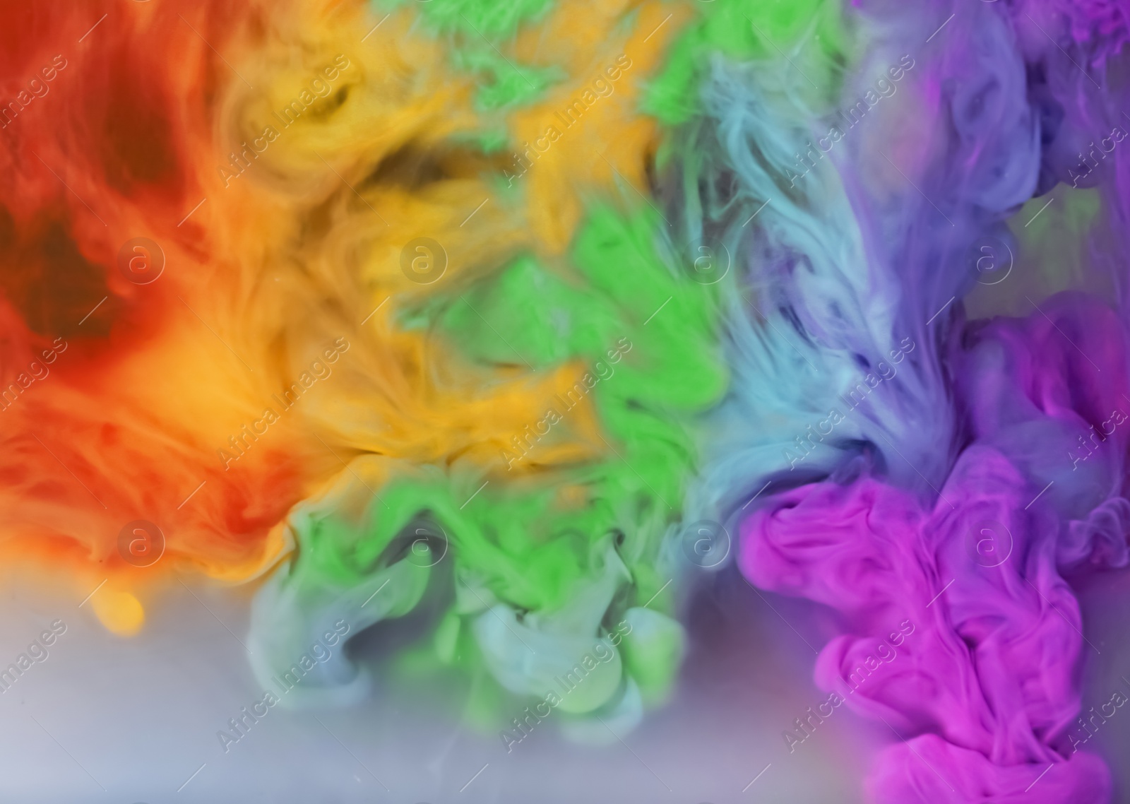 Image of Splash of rainbow colors inks on grey background